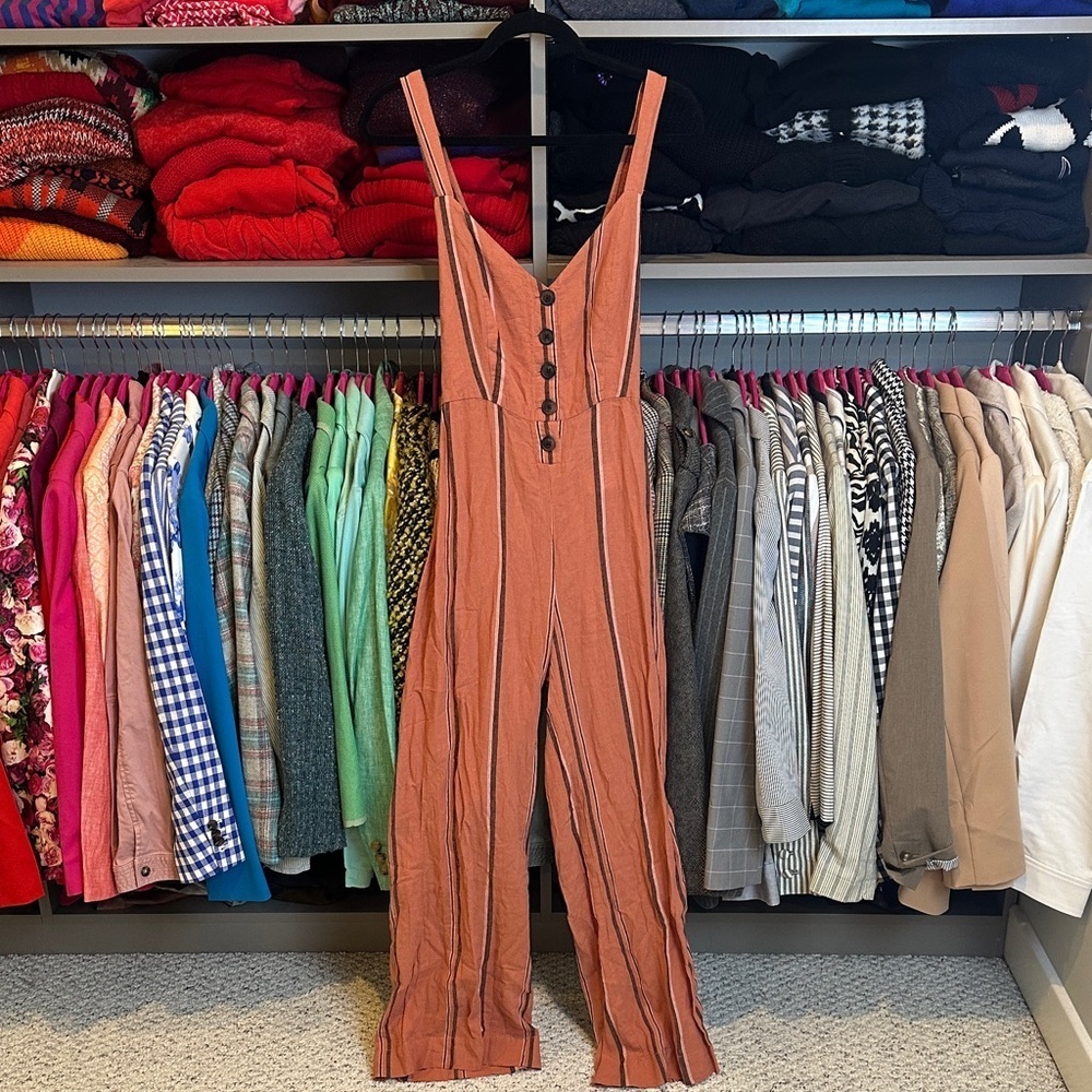 Urban Outfitters salmon/gray striped adjustable strap back tie jumpsuit size XS